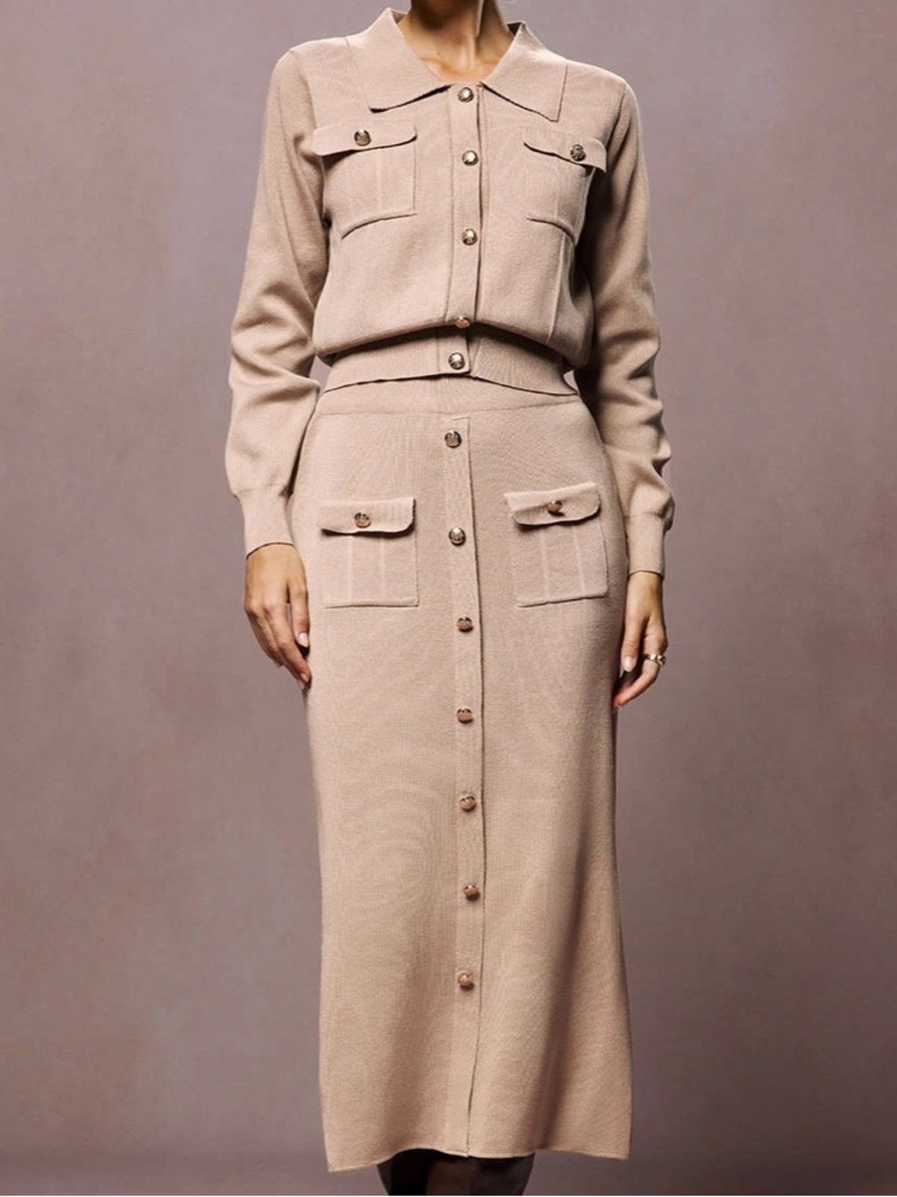 Beige Button-Front Knit Cardigan Sweater